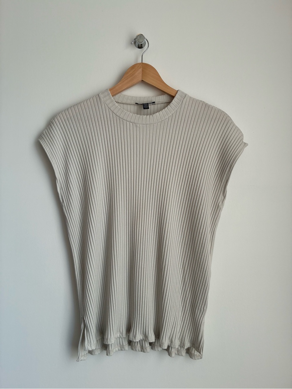 Eileen Fisher Ivory Cream Ribbed Tencel Cap Sleeve Tank Top Light Beige M